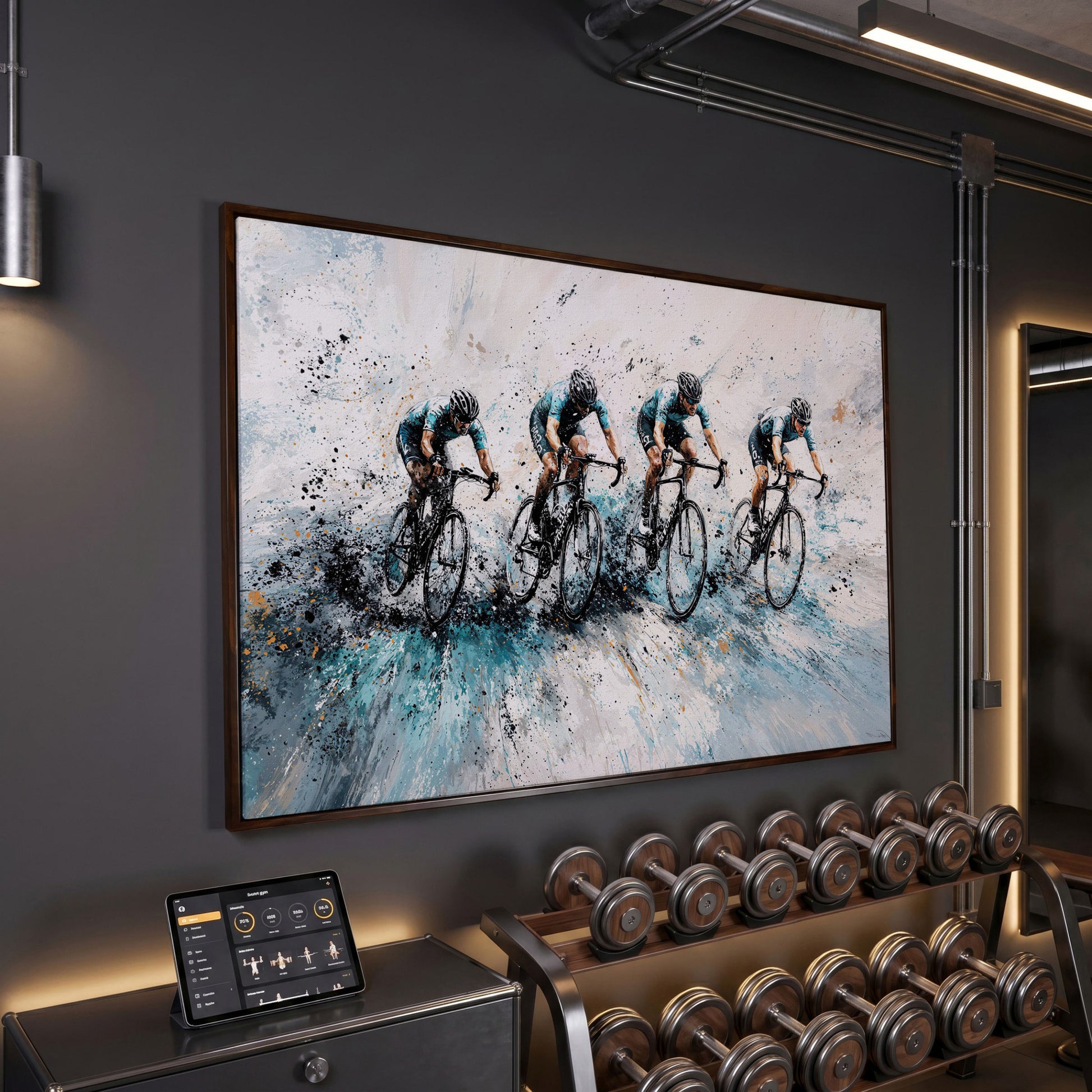 Cycling Team Abstract Canvas in dark walnut floating frame