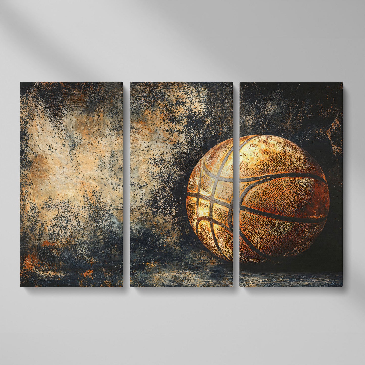 Modern Basketball on Charcoal Canvas as 3-panel split version