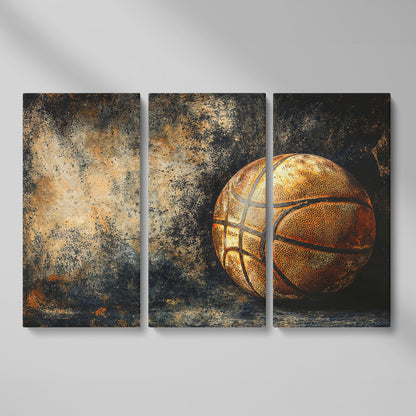 Modern Basketball on Charcoal Canvas as 3-panel split version