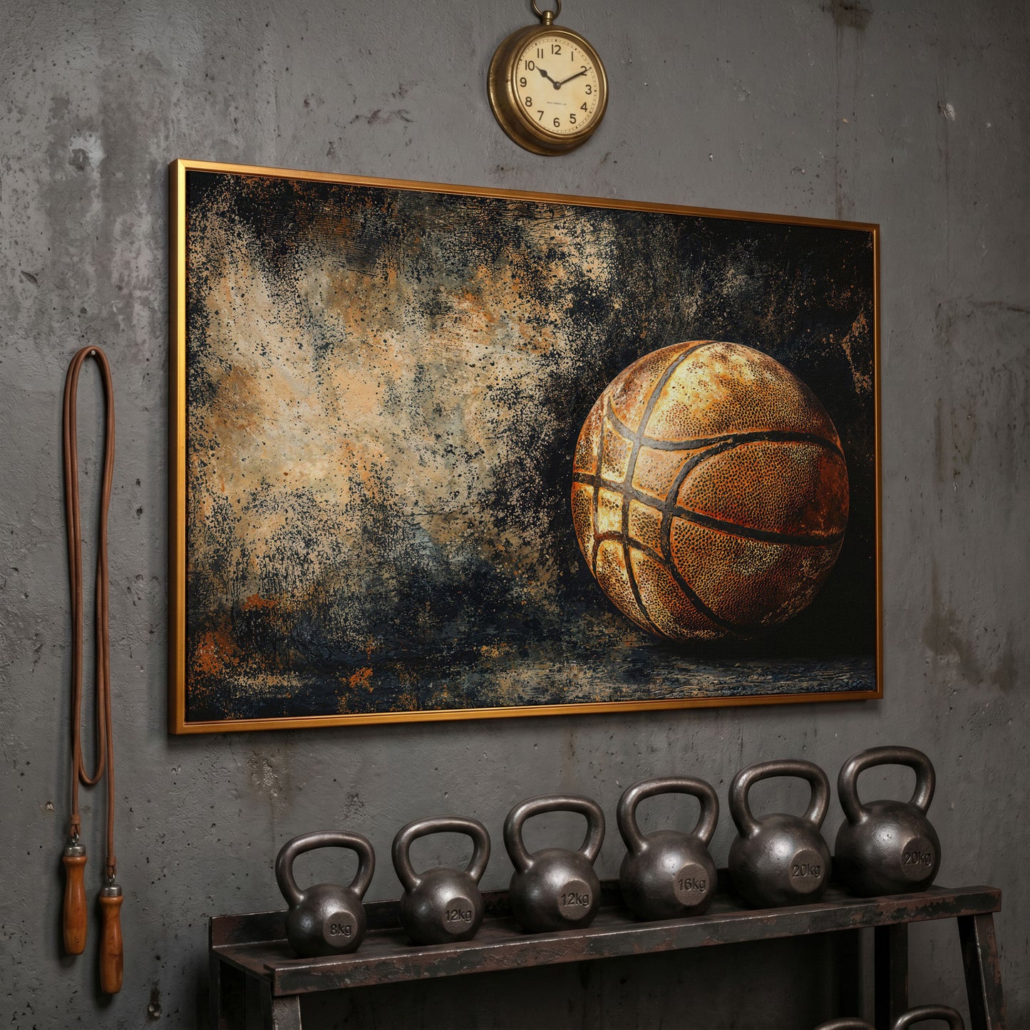 Modern Basketball on Charcoal Canvas in antique gold floating frame