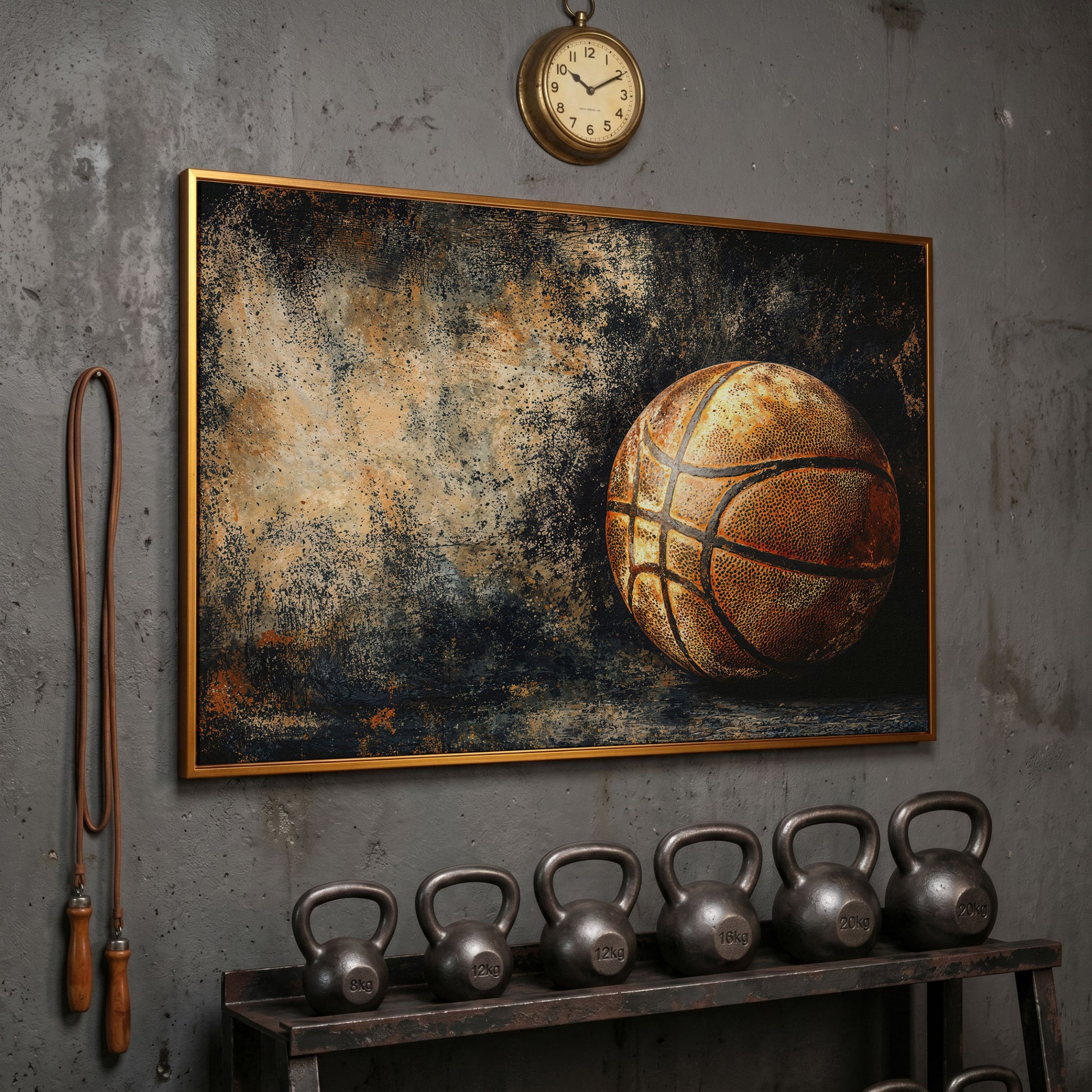 Modern Basketball on Charcoal Canvas in antique gold floating frame