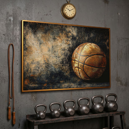 Modern Basketball on Charcoal Canvas in antique gold floating frame