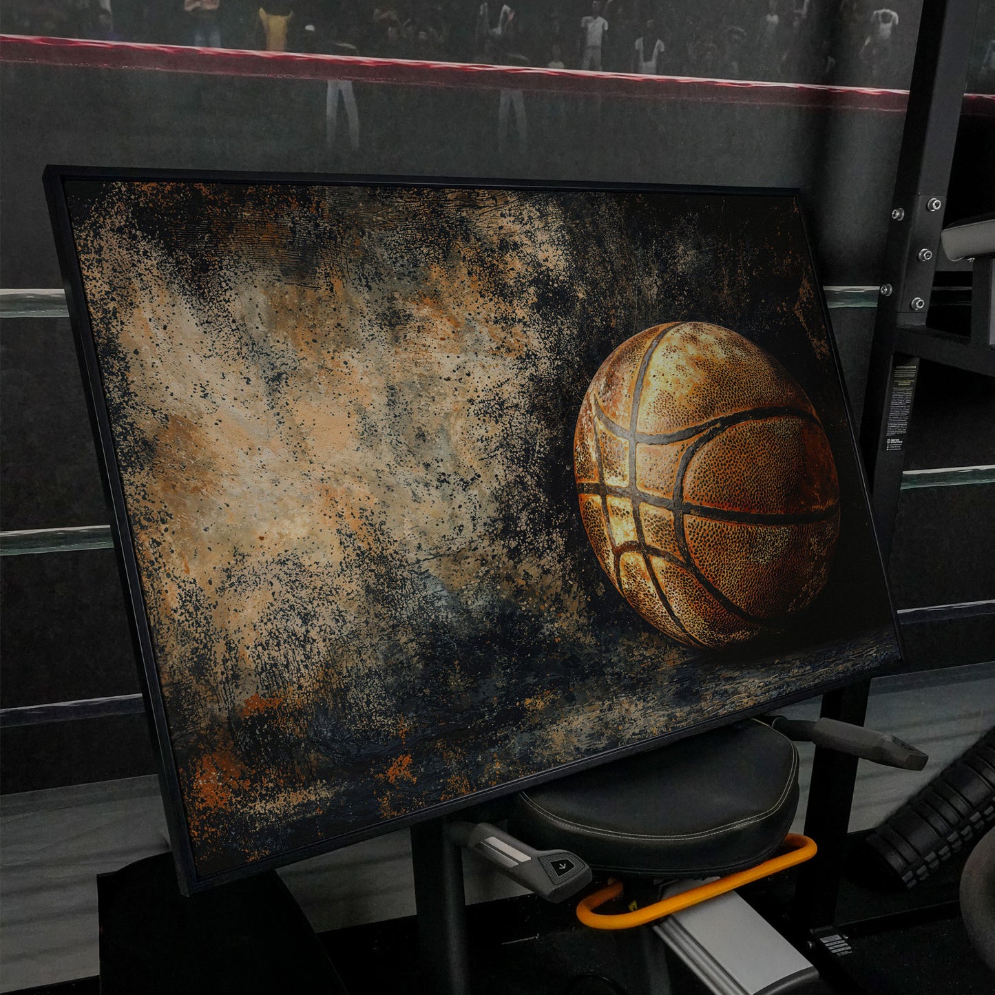 Modern Basketball on Charcoal Canvas in black floating frame