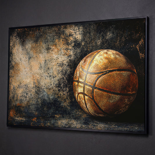 Modern Basketball on Charcoal Canvas shown in black floating frame