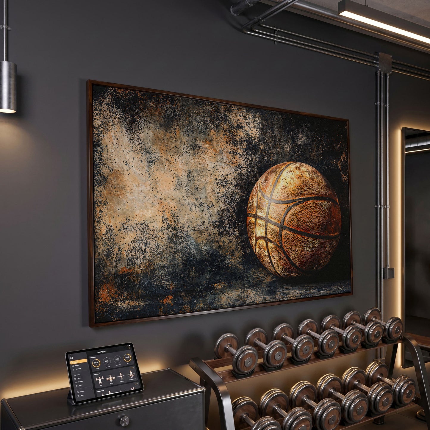 Modern Basketball on Charcoal Canvas in dark walnut floating frame
