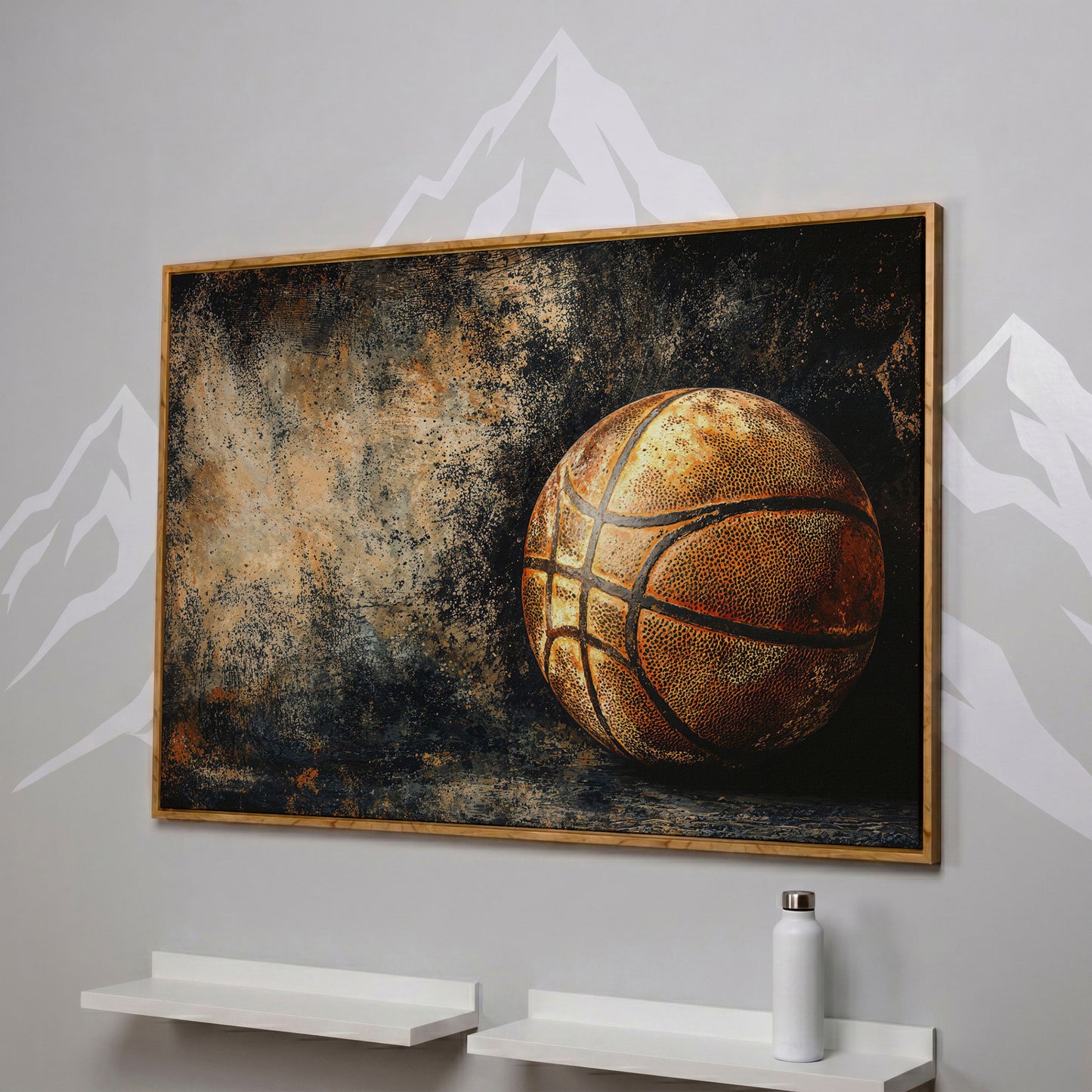 Modern Basketball on Charcoal Canvas in white oak floating frame