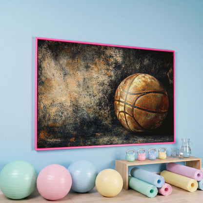 Modern Basketball on Charcoal Canvas in pink floating frame