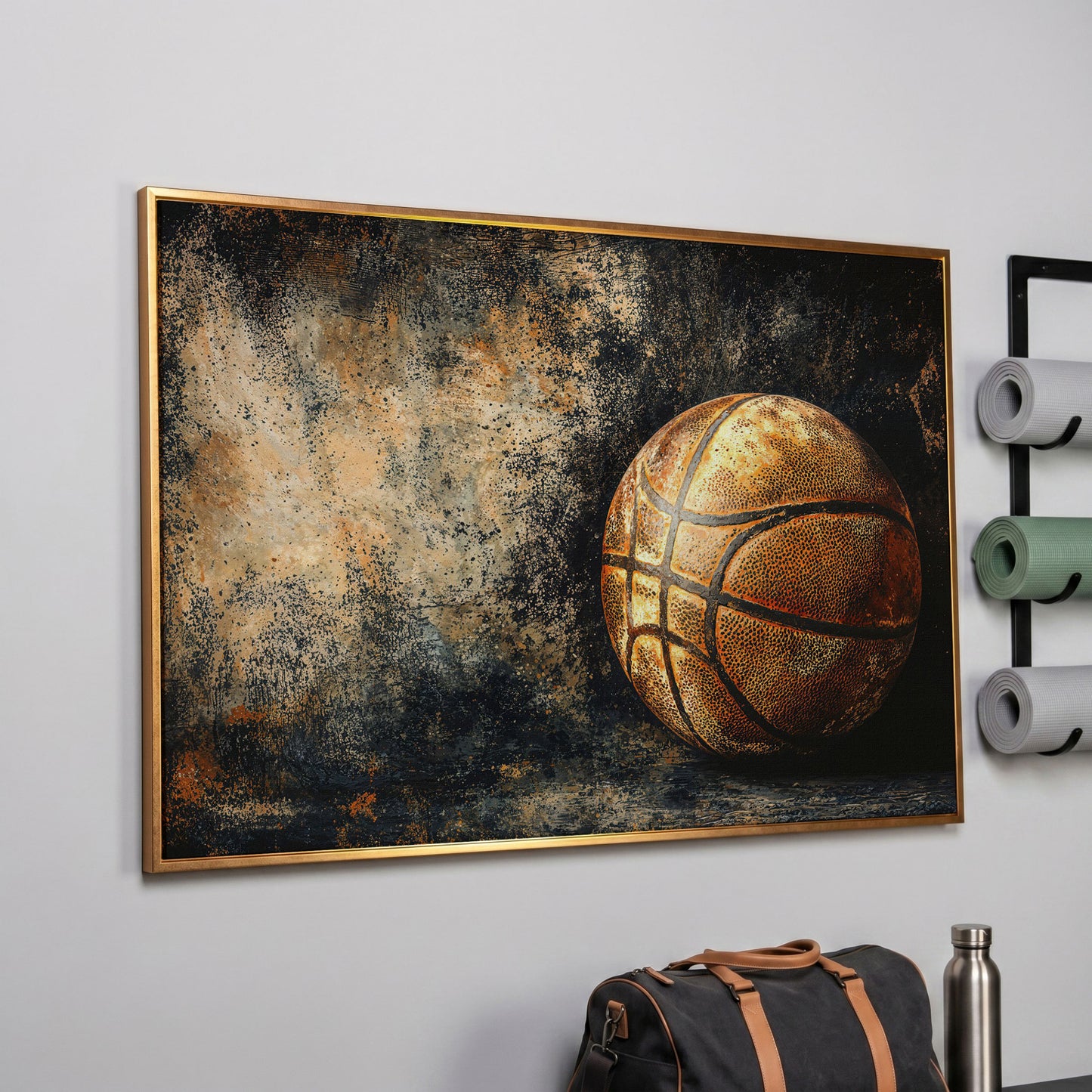 Modern Basketball on Charcoal Canvas in rose gold floating frame