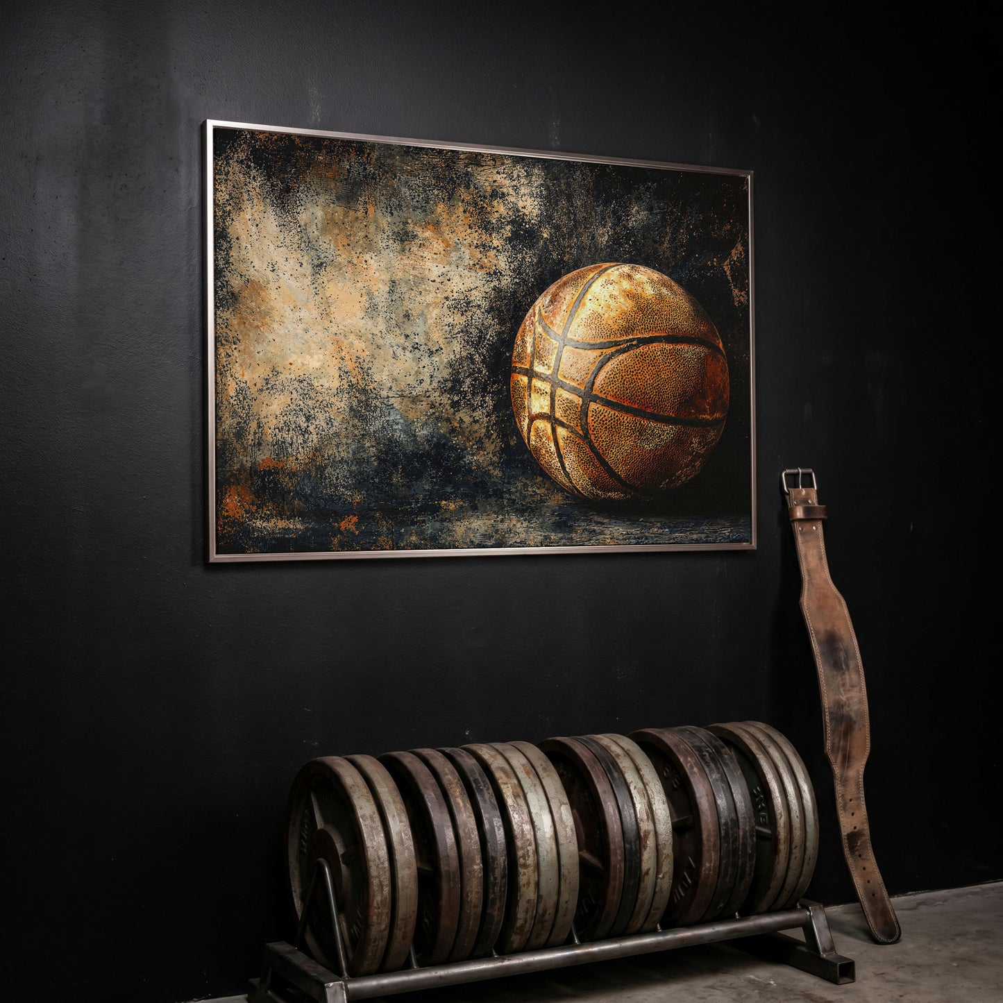 Modern Basketball on Charcoal Canvas in silver floating frame