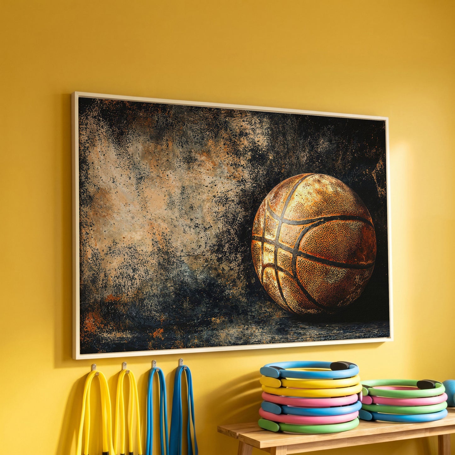 Modern Basketball on Charcoal Canvas in white floating frame