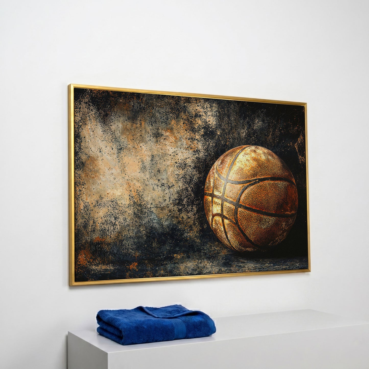 Modern Basketball on Charcoal Canvas in yellow gold floating frame
