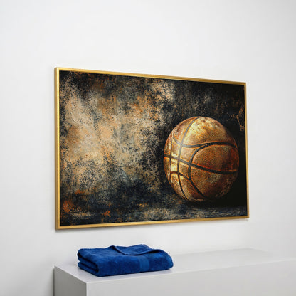 Modern Basketball on Charcoal Canvas in yellow gold floating frame