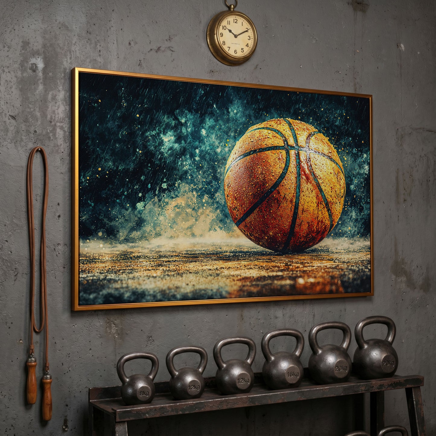 Basketball Abstract Canvas Print for Boys Room in antique gold floating frame