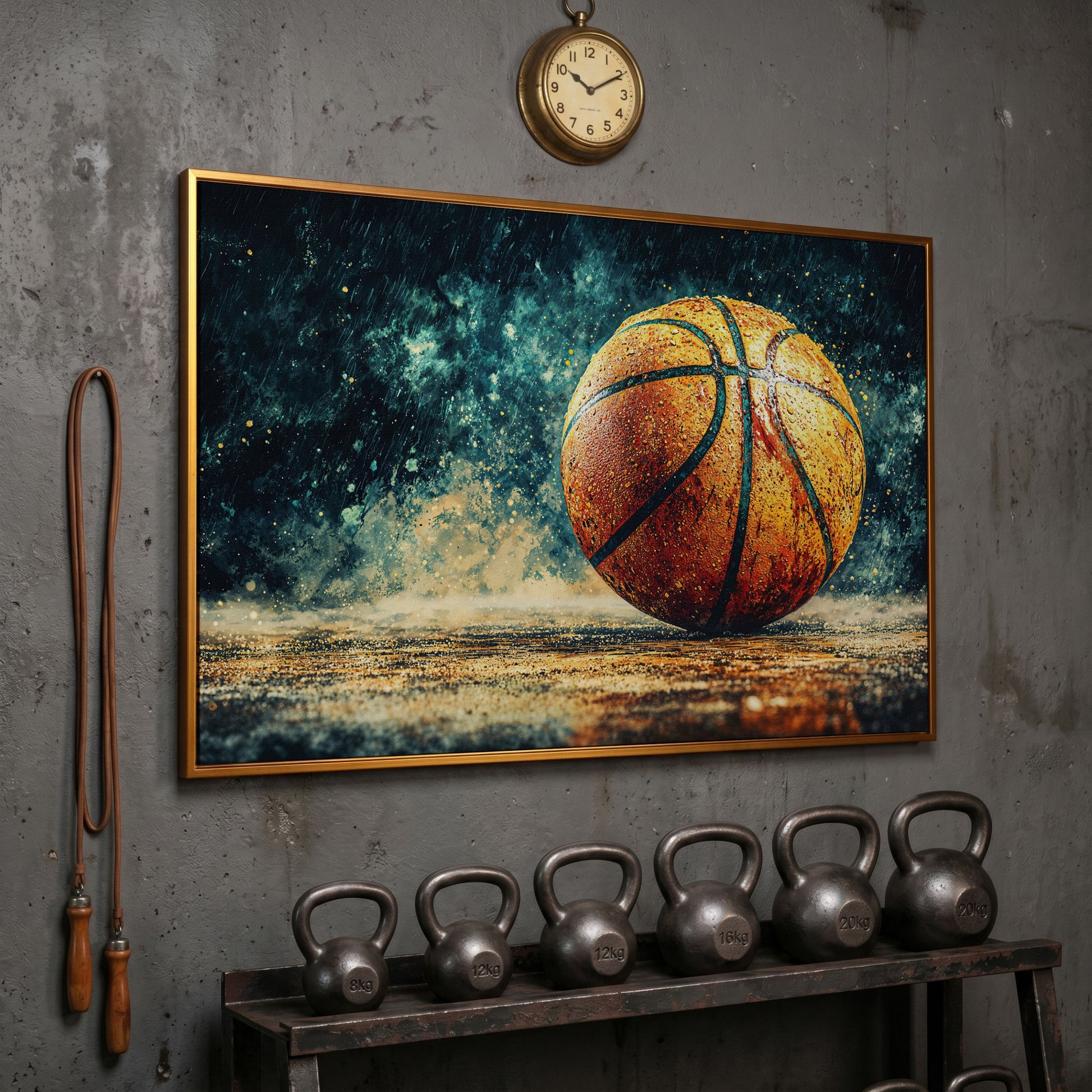 Basketball Abstract Canvas Print for Boys Room in antique gold floating frame