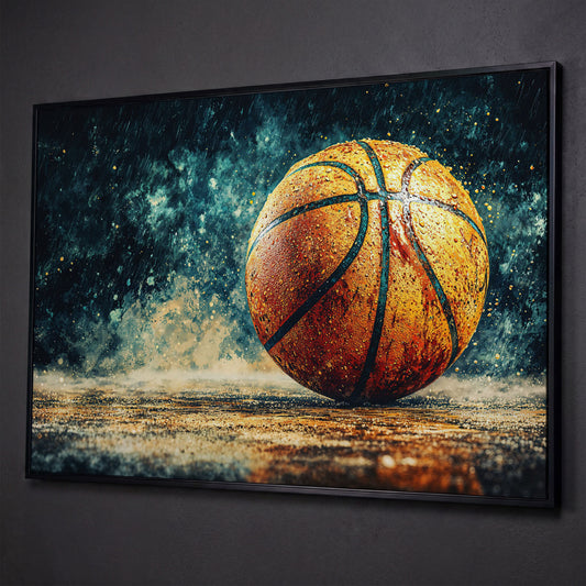 Basketball Abstract Canvas Print for Boys Room shown in black floating frame