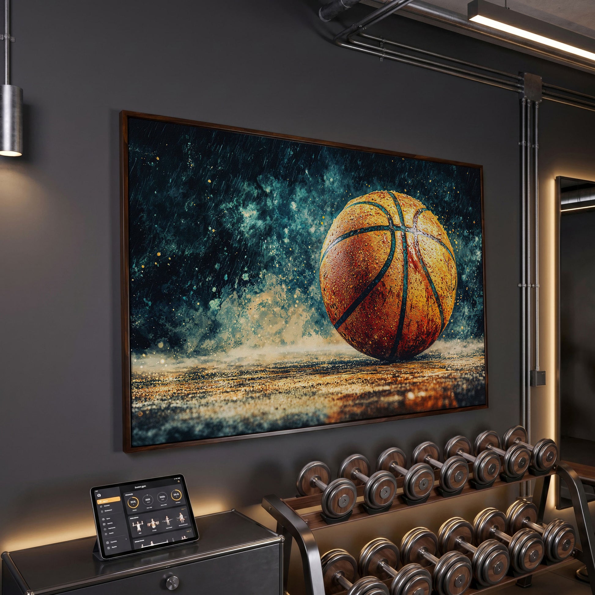 Basketball Abstract Canvas Print for Boys Room in dark walnut floating frame