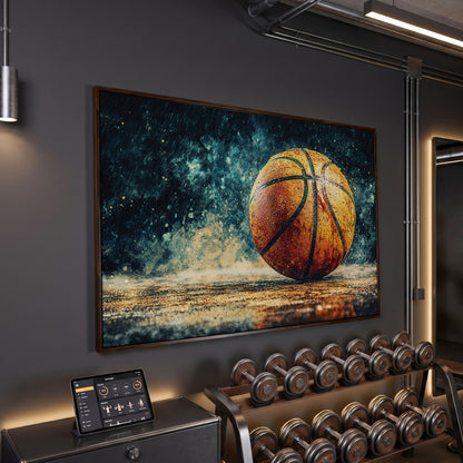 Basketball Abstract Canvas Print for Boys Room in dark walnut floating frame