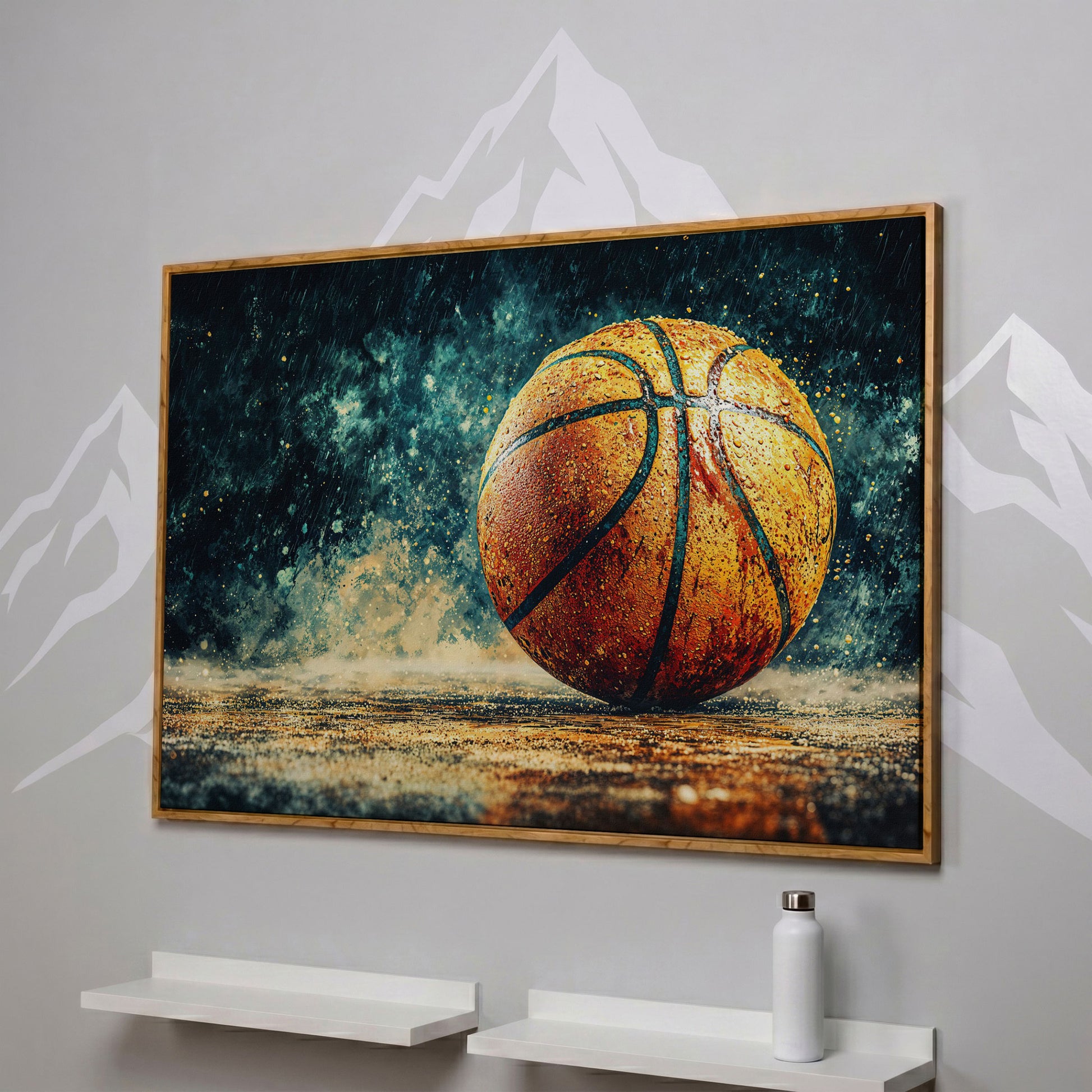 Basketball Abstract Canvas Print for Boys Room in white oak floating frame