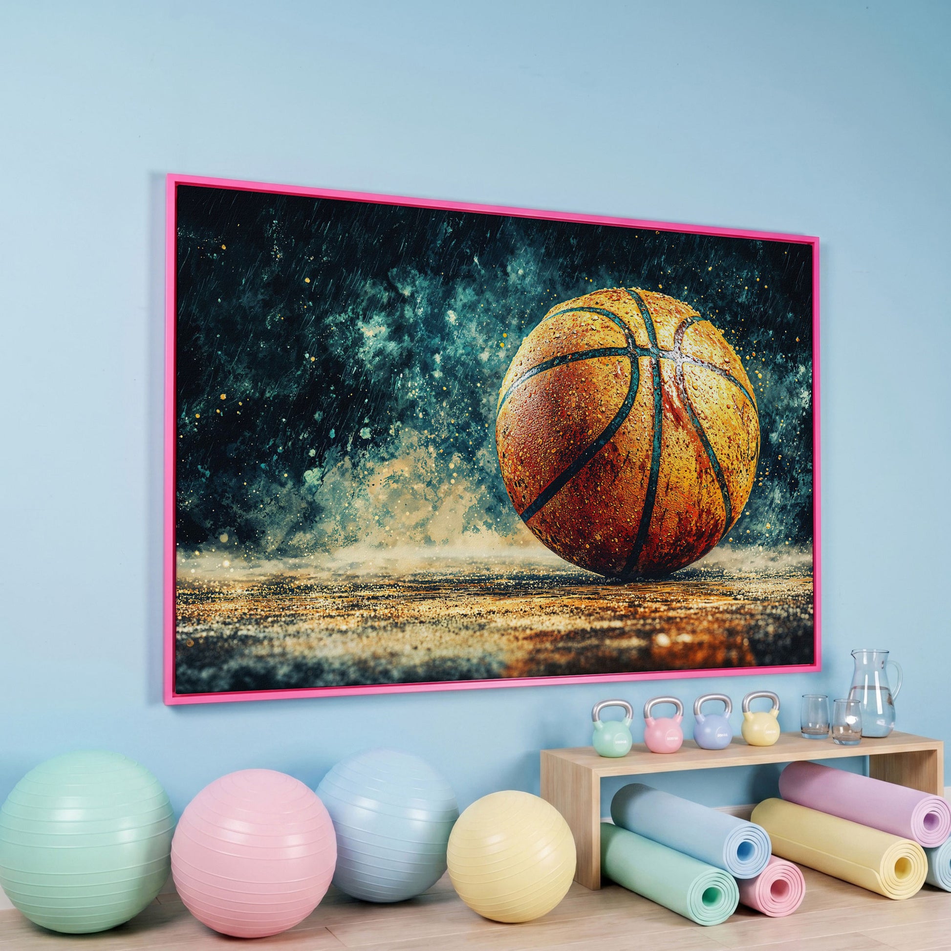 Basketball Abstract Canvas Print for Boys Room in pink floating frame