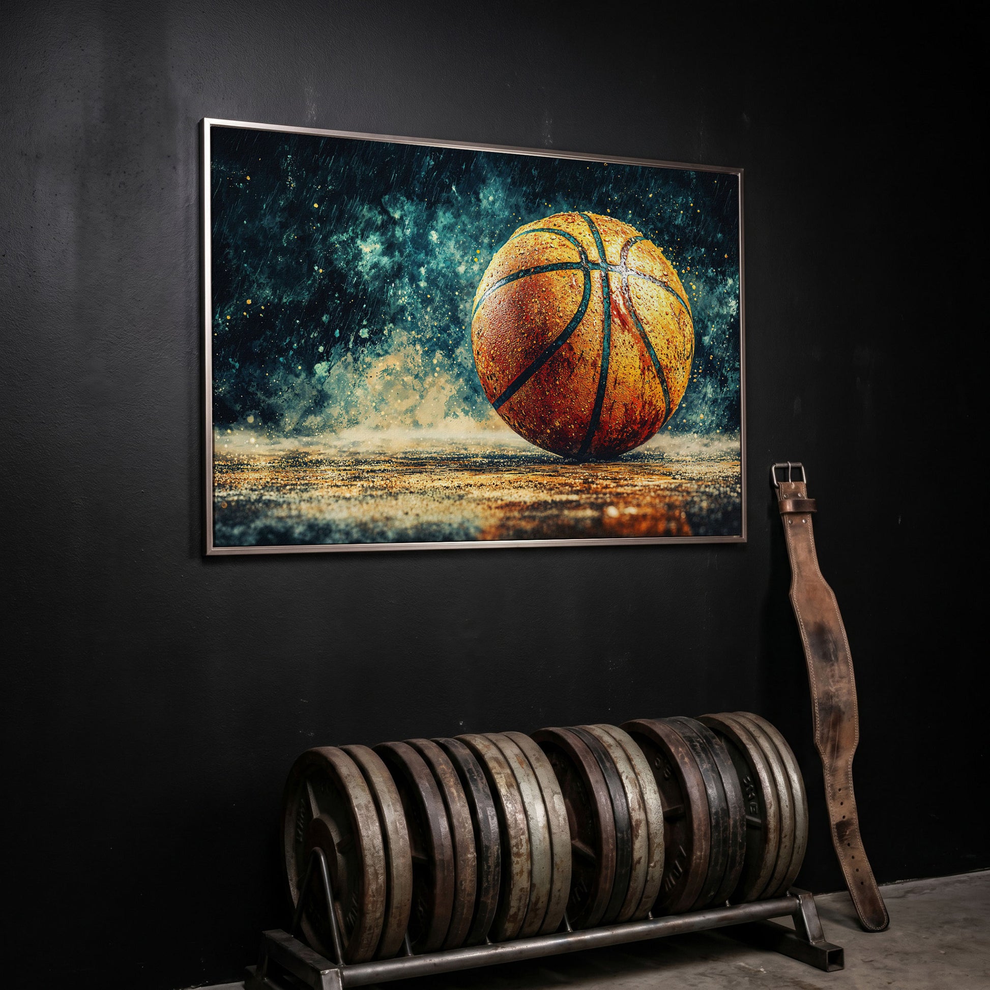 Basketball Abstract Canvas Print for Boys Room in silver floating frame