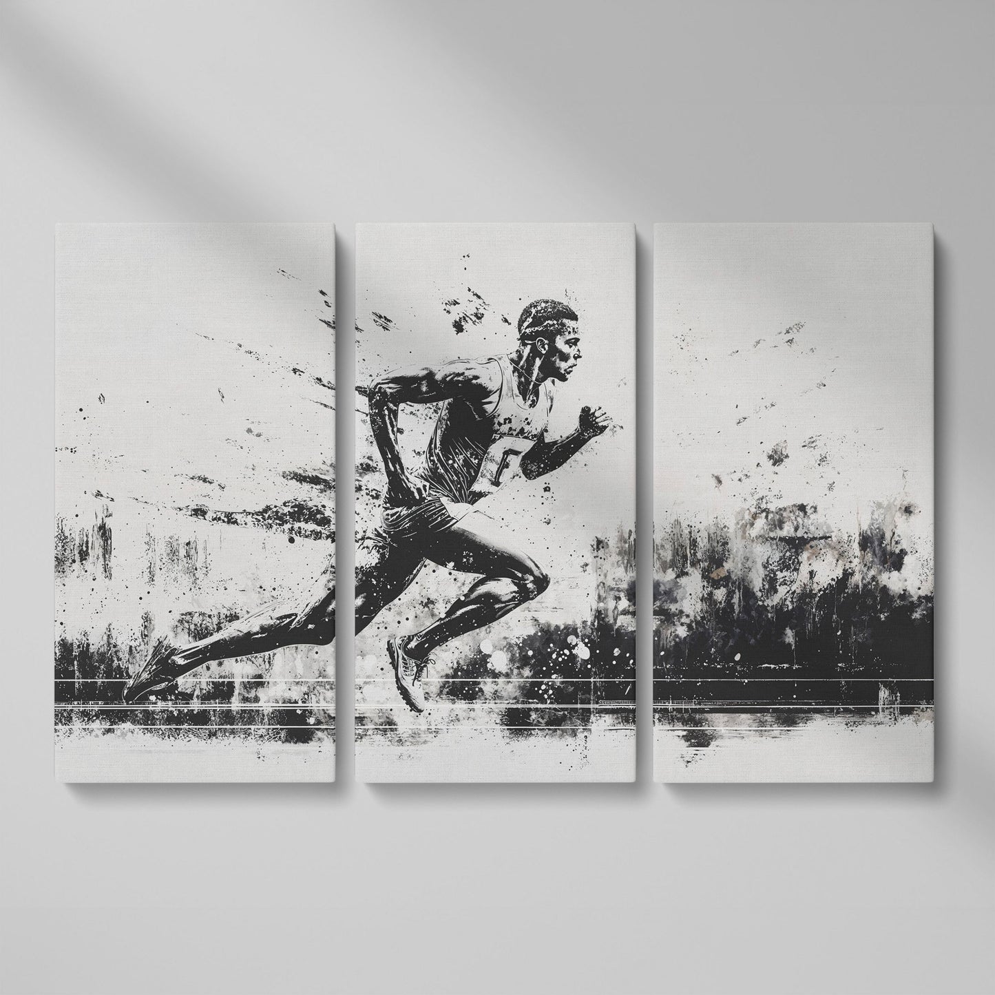 Black & White Runner Canvas - Mid-Stride Motion Art as 3-panel split version
