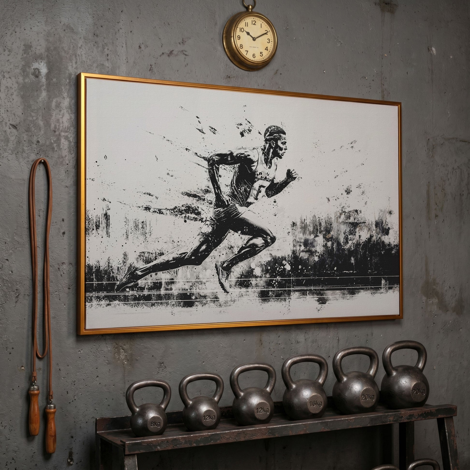 Black & White Runner Canvas - Mid-Stride Motion Art in antique gold floating frame