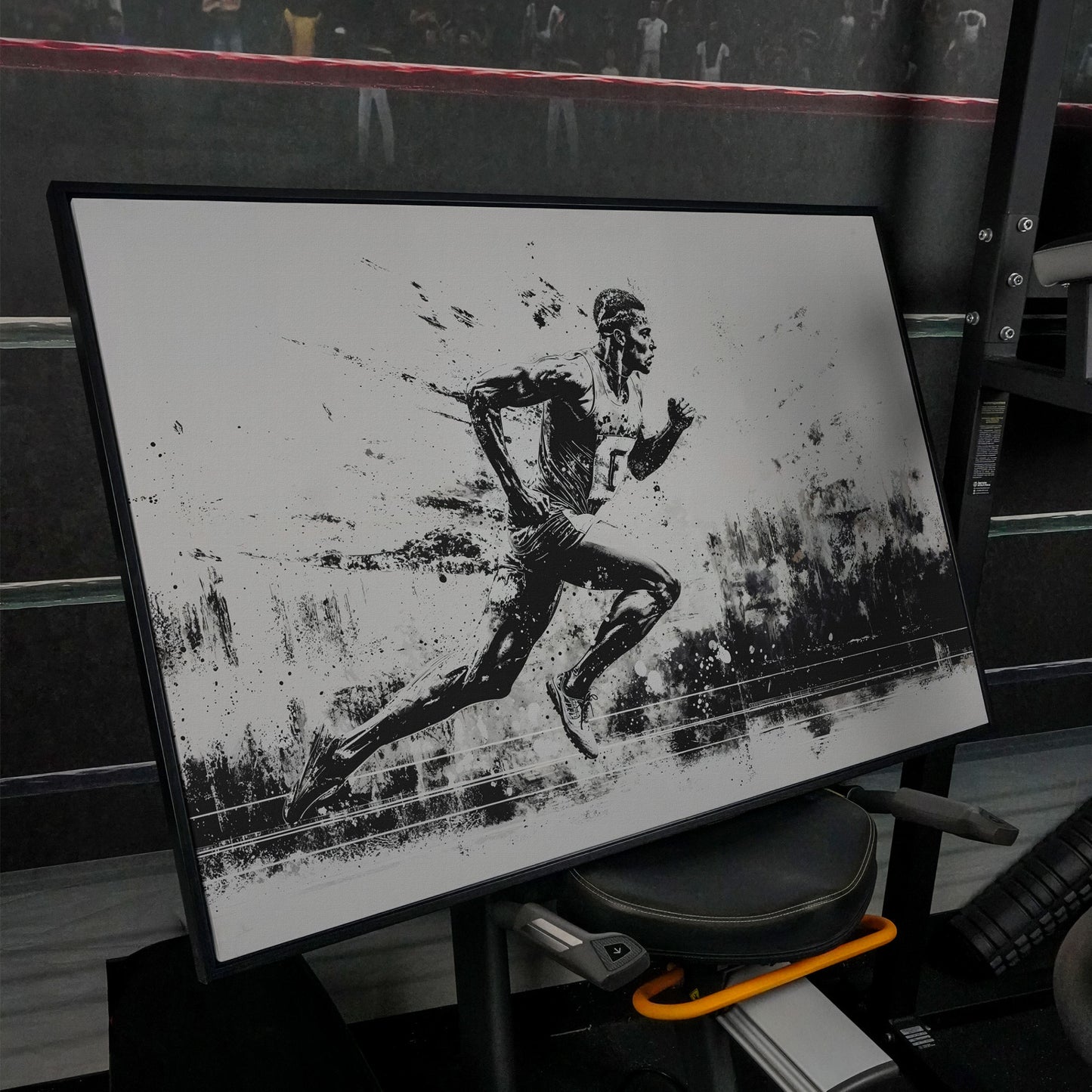 Black & White Runner Canvas - Mid-Stride Motion Art in black floating frame