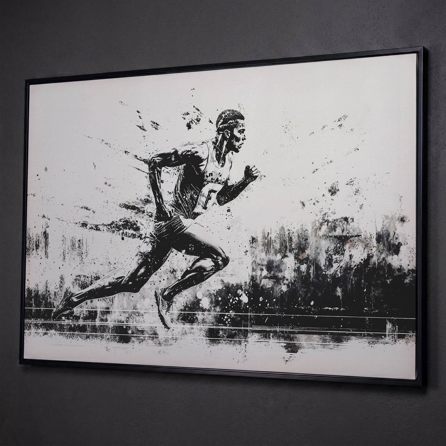 Black & White Runner Canvas - Mid-Stride Motion Art shown in black floating frame