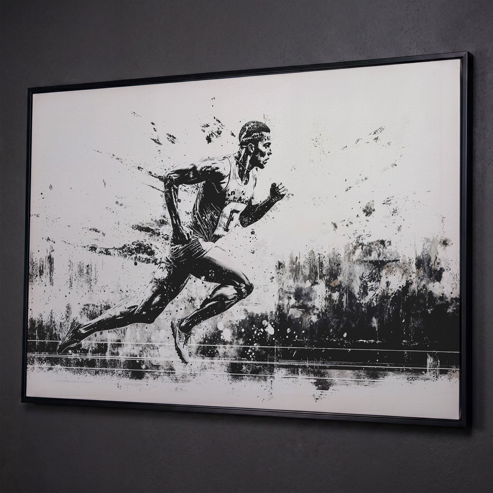 Black & White Runner Canvas - Mid-Stride Motion Art shown in black floating frame