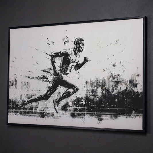 Black & White Runner Canvas - Mid-Stride Motion Art shown in black floating frame