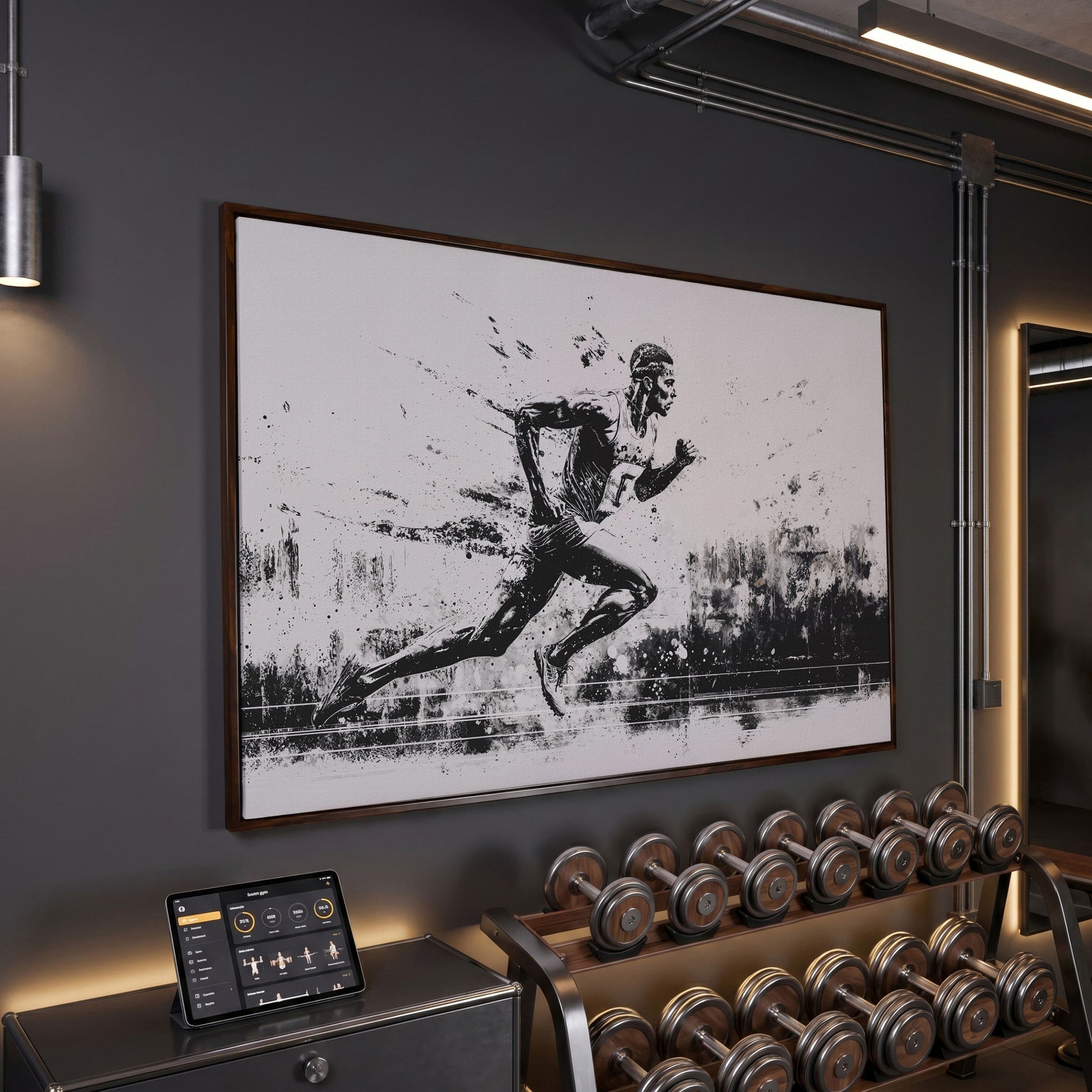 Black & White Runner Canvas - Mid-Stride Motion Art in dark walnut floating frame