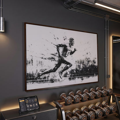 Black & White Runner Canvas - Mid-Stride Motion Art in dark walnut floating frame