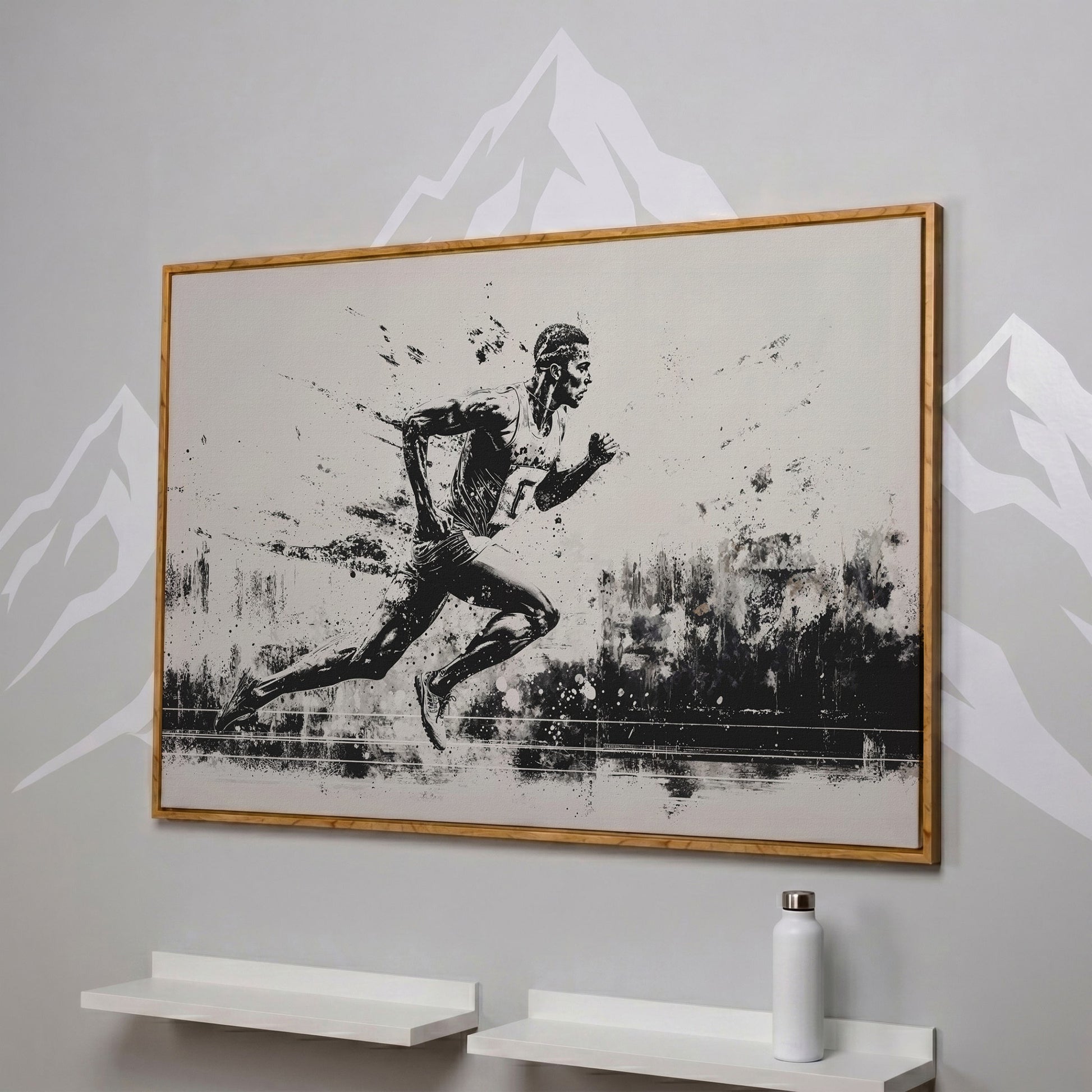 Black & White Runner Canvas - Mid-Stride Motion Art in white oak floating frame
