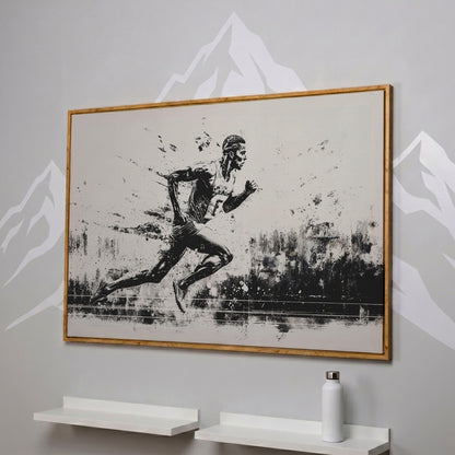 Black & White Runner Canvas - Mid-Stride Motion Art in white oak floating frame