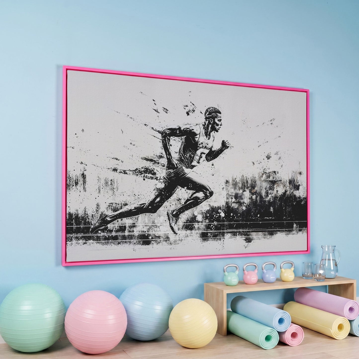 Black & White Runner Canvas - Mid-Stride Motion Art in pink floating frame