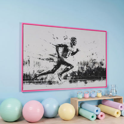 Black & White Runner Canvas - Mid-Stride Motion Art in pink floating frame