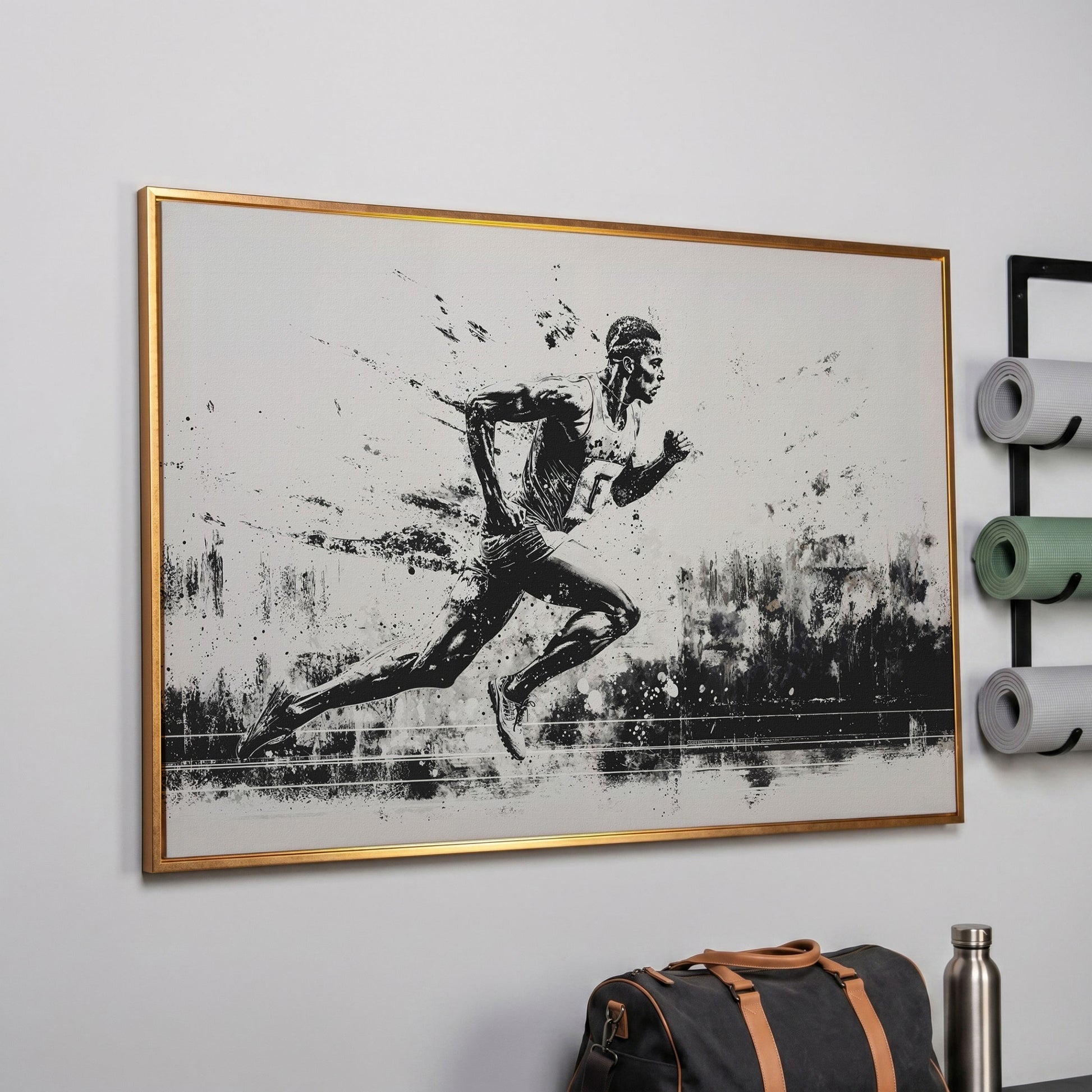 Black & White Runner Canvas - Mid-Stride Motion Art in rose gold floating frame
