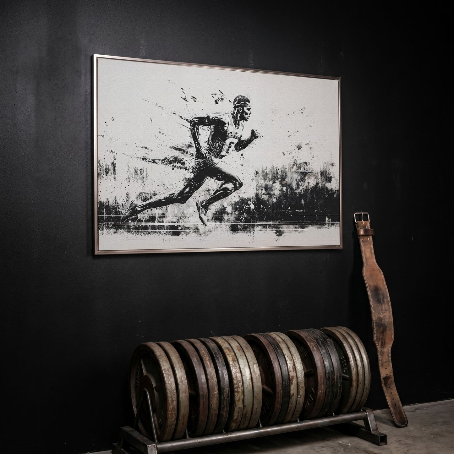 Black & White Runner Canvas - Mid-Stride Motion Art in silver floating frame