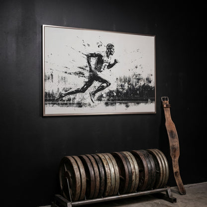 Black & White Runner Canvas - Mid-Stride Motion Art in silver floating frame