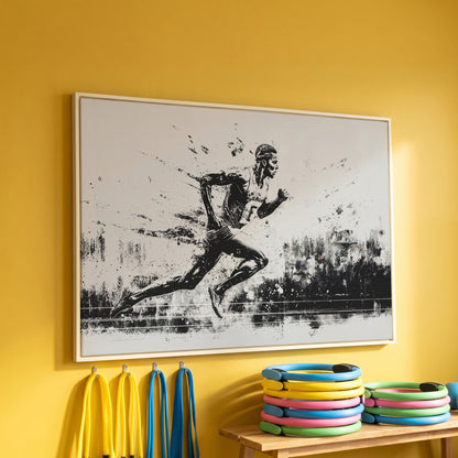 Black & White Runner Canvas - Mid-Stride Motion Art in white floating frame