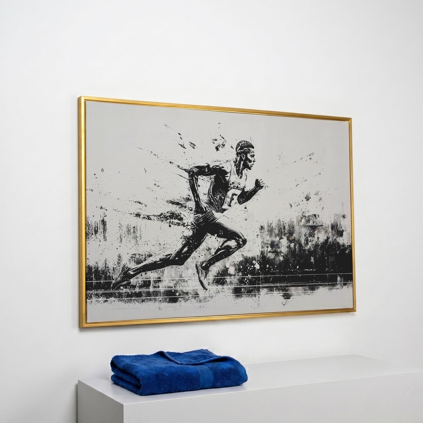 Black & White Runner Canvas - Mid-Stride Motion Art in yellow gold floating frame