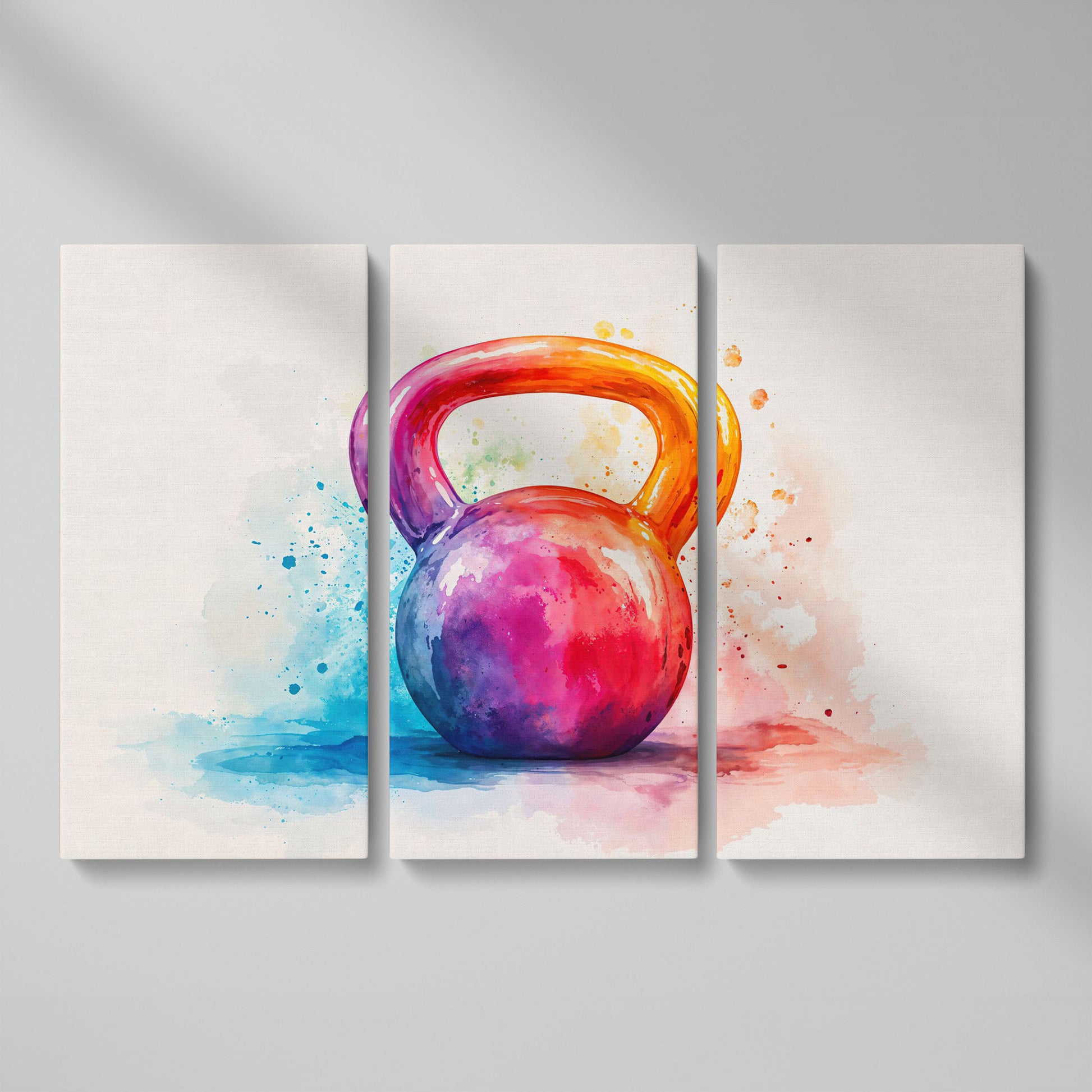 Kettlebell in Watercolor: Magenta, Orange & Blue Canvas as 3-panel split version