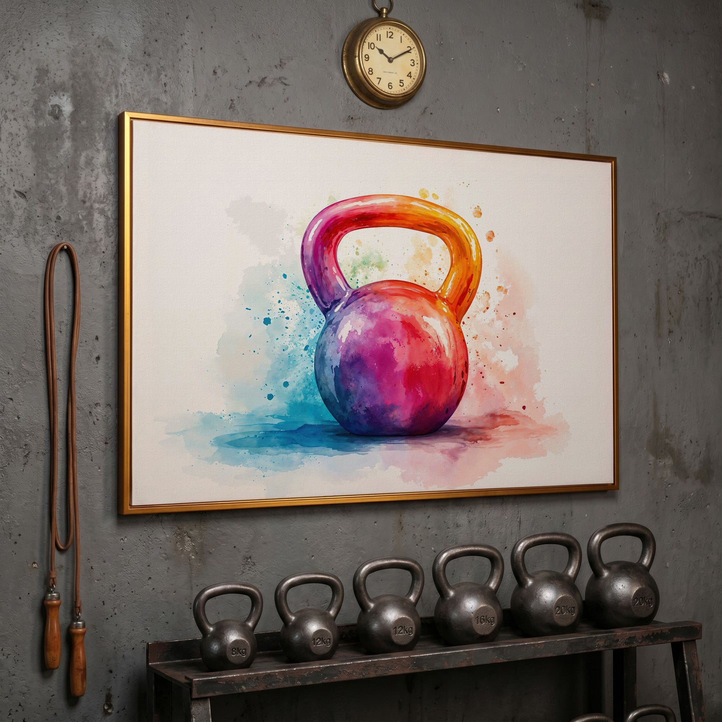 Kettlebell in Watercolor: Magenta, Orange & Blue Canvas in antique gold floating frame