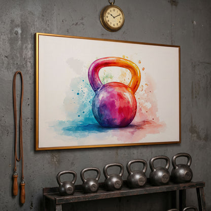Kettlebell in Watercolor: Magenta, Orange & Blue Canvas in antique gold floating frame