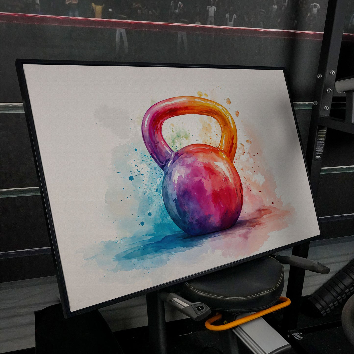 Kettlebell in Watercolor: Magenta, Orange & Blue Canvas in black floating frame