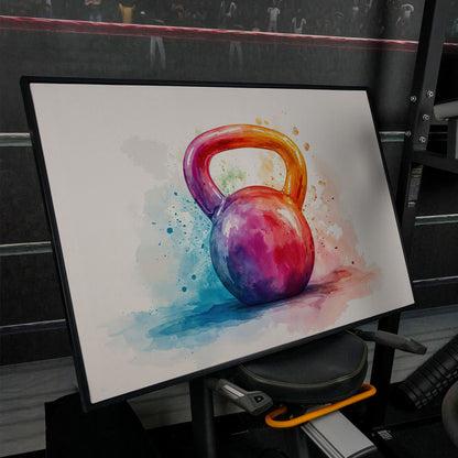 Kettlebell in Watercolor: Magenta, Orange & Blue Canvas in black floating frame