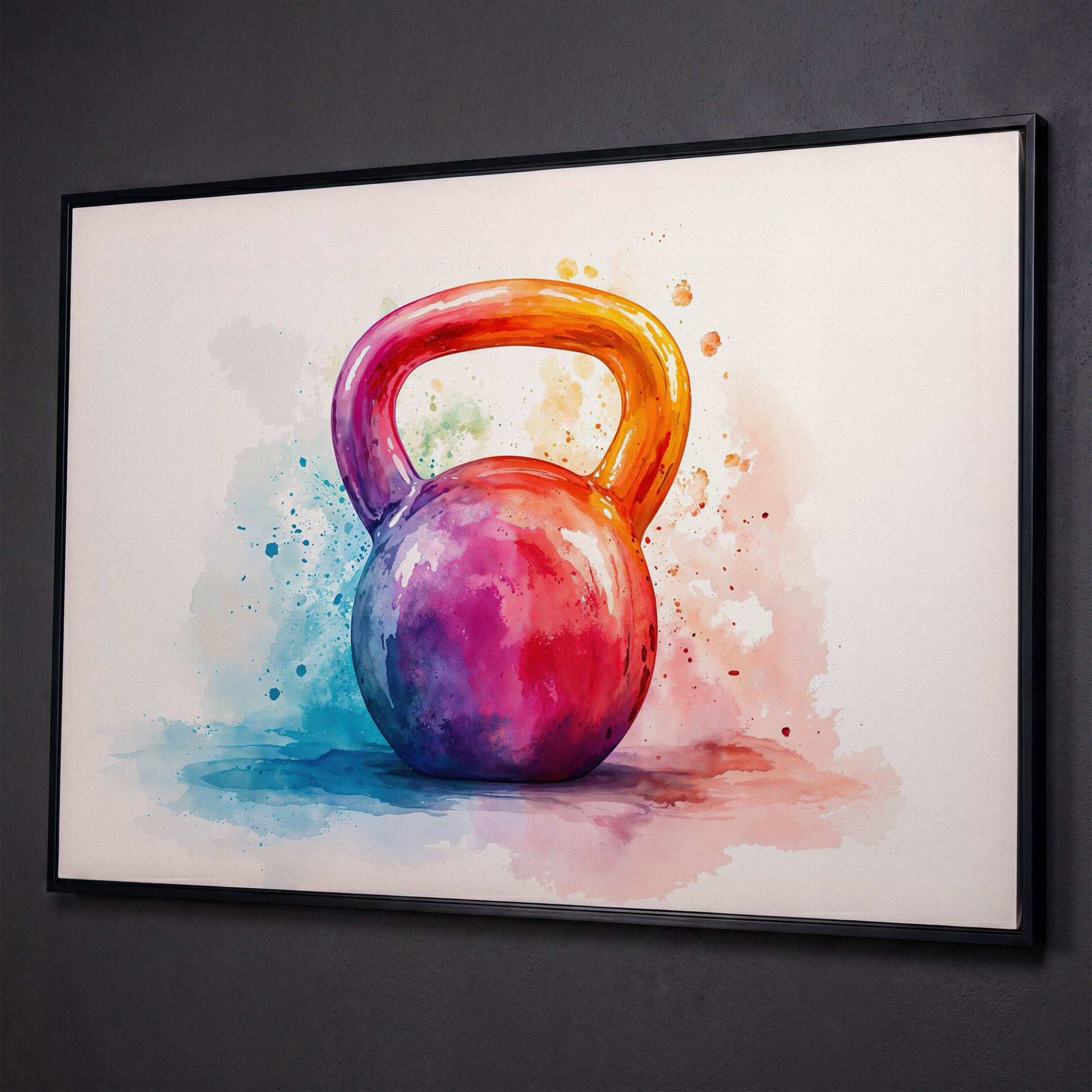 Kettlebell in Watercolor: Magenta, Orange & Blue Canvas shown in black floating frame