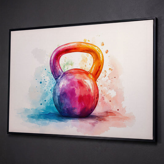 Kettlebell in Watercolor: Magenta, Orange & Blue Canvas shown in black floating frame