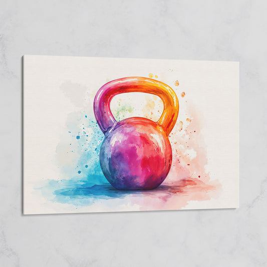 Kettlebell in Watercolor: Magenta, Orange & Blue Canvas on gallery wrap