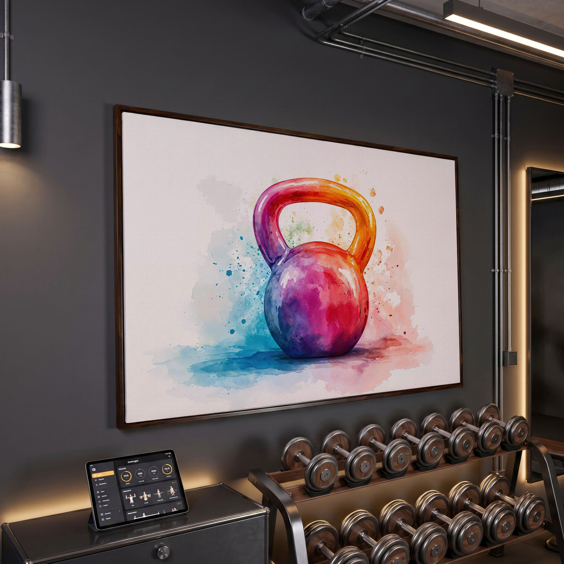 Kettlebell in Watercolor: Magenta, Orange & Blue Canvas in dark walnut floating frame